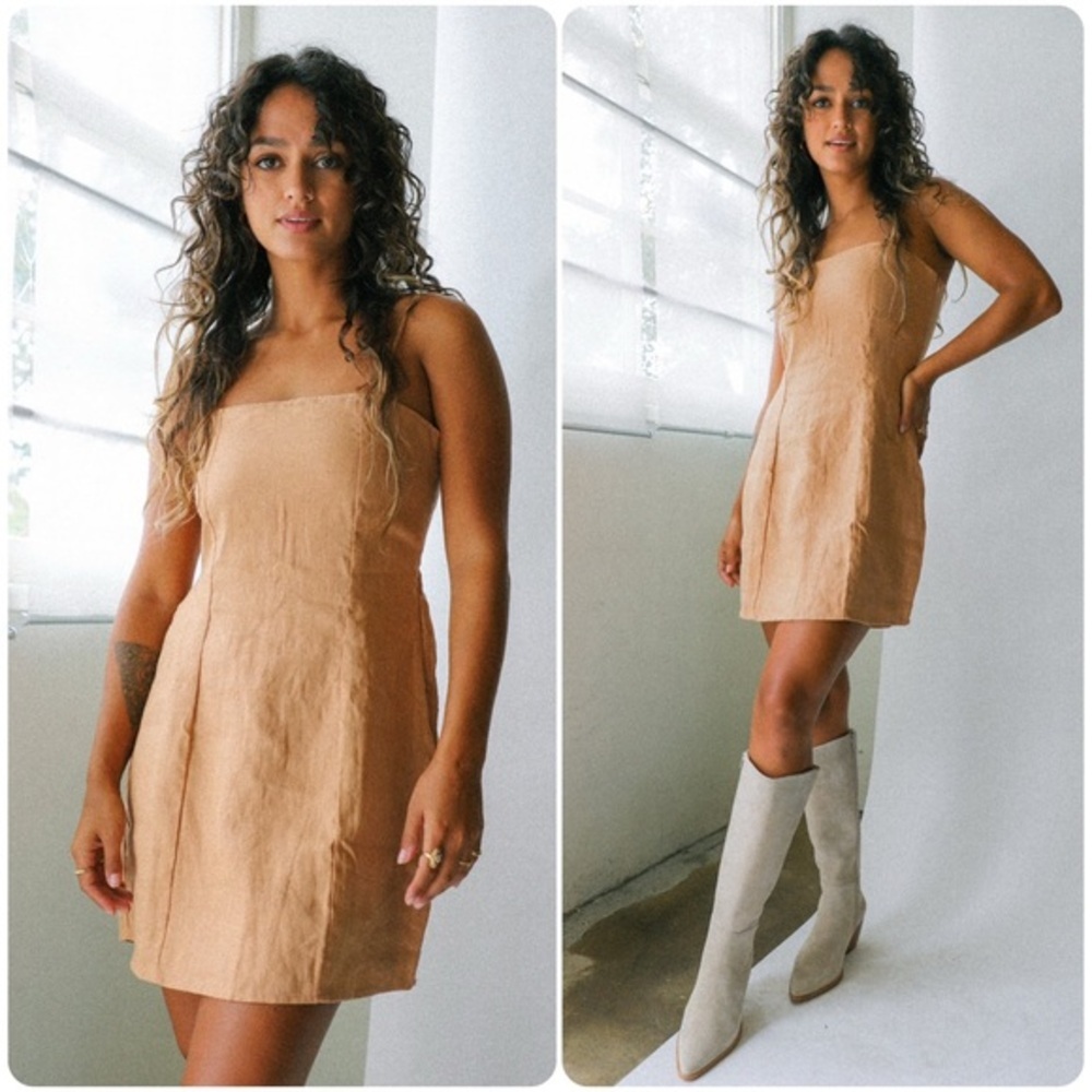Faithfull the Brand Ysla Linen Smocked Back Shoulder Tie Dress in Hazelnut Sz 6 - Picture 13 of 14